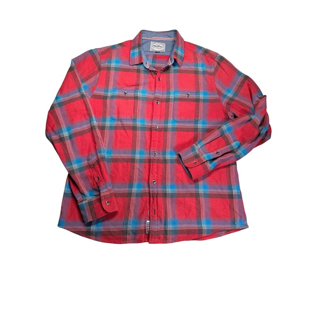 Flag & Anthem Mens L Red Blue Plaid Flannel Shirt 100% Cotton Button Up